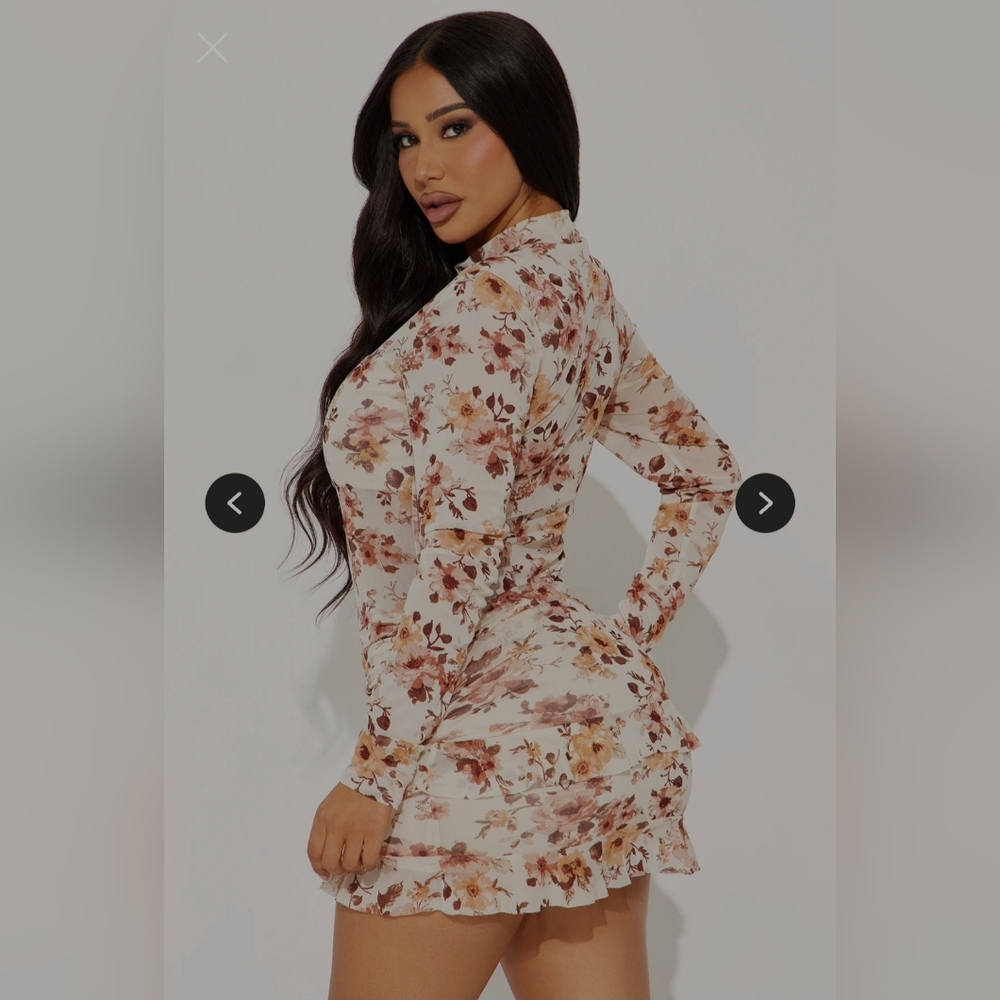 Fashion Nova Floral Long Sleeve Dress - Cream and Brown - Picture 3 of 5
